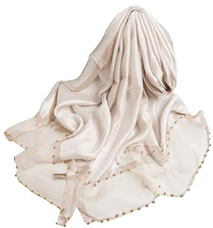 LumiSyne Primavera Nuovo Stile Sciarpa In Chiffon Di Seta Donne Elegante Sciarpa Tinta Unita Moda Tulle Cuciture In Seta Decorazione Di Perline Stole Lungo Scialle Di Protezione Solare