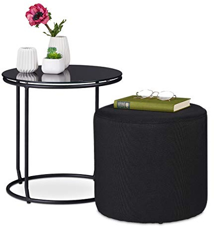 Relaxdays Beistelltisch mit Hocker, schwarz | runder Couchtisch mit Sitzhocker, platzsparend, Glas & Metall, 40 x 40 cm
