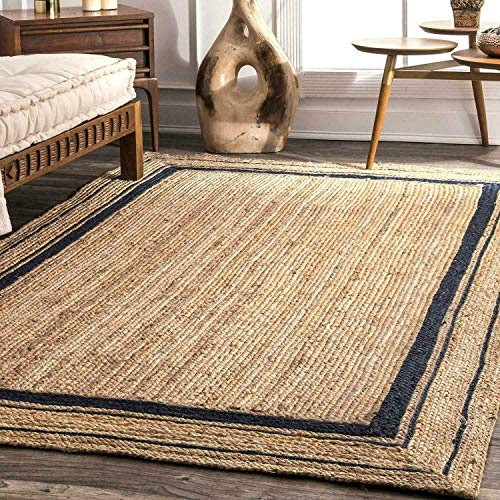 Ripaz - Tappeto in iuta naturale, linea nera, intrecciato a mano, 150 x 210 cm