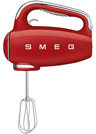 Smeg, Sbattitore Elettrico HMF01RDEU, 9 Livelli di Velocità, Funzione Turbo, Sistema di Avvio Smooth Start, 4 Fruste, 2 Ganci Impastatori e Avvolgicavo in Dotazione, 250W, Rosso
