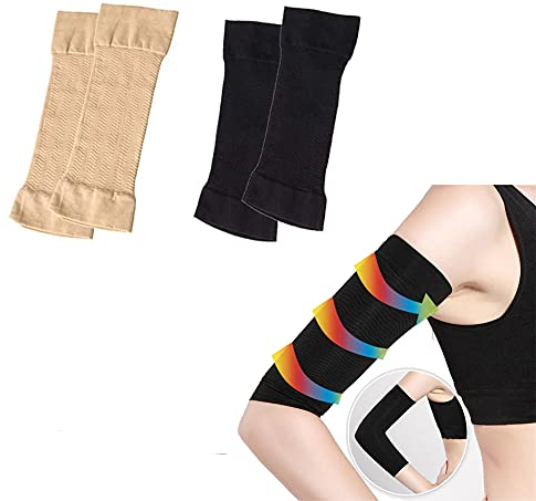 QUUPY - 2 Paia di Manicotti Dimagranti per Braccio, Perdita di Peso, Parte Superiore del Braccio, Aiuta a Perdere il Grasso (Nero + Colore della Pelle)