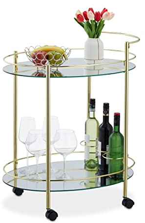 Relaxdays Carrello da Cucina, 2 Ripiani, HLP: 79x45x65,5 cm, Vetro e Metallo, Carrellino Ovale con Rotelle, Ottone