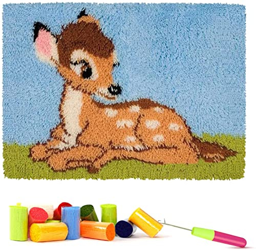 ROCKY&CHAO Knüpfhaken-Set zum Selbermachen, Teppich-Stickerei, Teppich-Set, Handarbeit mit Häkelarbeiten, Basteln, zotteliges DIY-Knüpf-Set für Erwachsene, 50 * 38 cm (Babyhirsch)