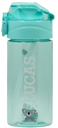 bienpegado - Botella personalizada con nombre Tapa abatible, pajita integrada, resistente al lavavajillas. capacidad 450 ml. Color: (Verde claro)