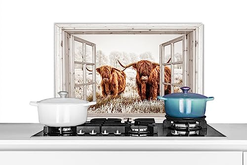 KitchenYeah© Fond de Hotte 60x40 cm Aluminium Crédence Cuisine Décoration Murale Crédence Plaque de Cuisson Anti Projection Vue Transparente - Scottish Highlander - Animaux