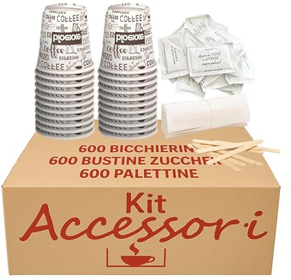 marketcaffe Kit Accessori per Caffe 600 Pz Bicchierini Caffe Carta Espresso Tazzine Biodegradabili 75ml + 600 Pz Palettine in Legno Monouso + 600 Pz Bustine di Zucchero Extra Fine di qualità