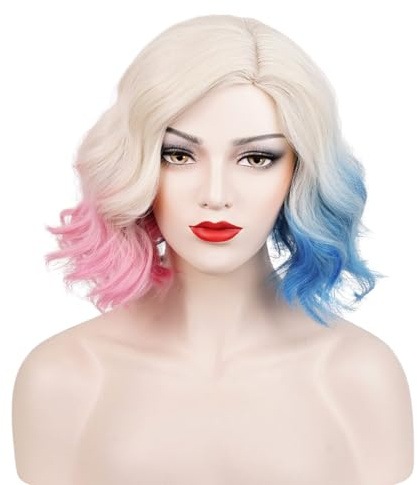 TOMIGO Damen Kurz Rosa und Blau Gewellt Ombre Blonde Bob Perücke | für Erwachsener Halloween Karneval Kostüm