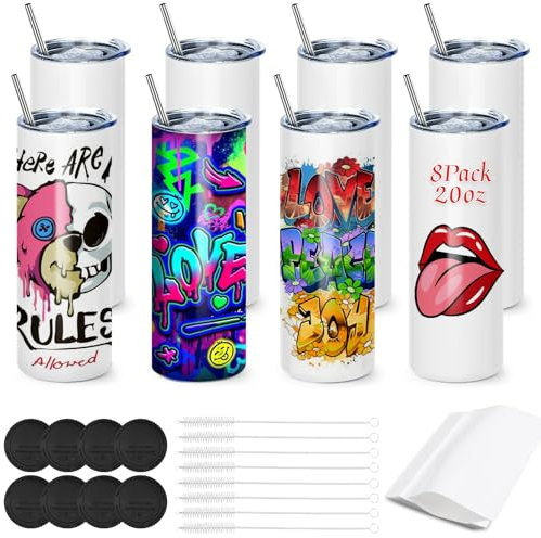 Cafultgo 20OZ Sublimation Cup, Set of 8 Sublimation Blanks Skinny Tumbler 20 OZ White Straight Bulk Stainless Steel Tumbler, with Lid and Straw, Shrink Wrap, Individually Boxed, Blank White（8PCS）