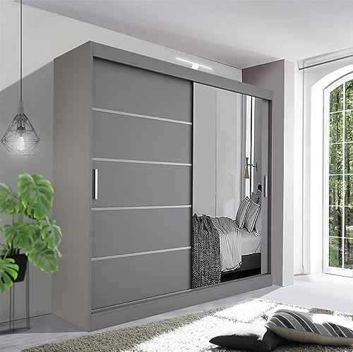 German Sliding Wardrobe Contemporary Bedroom Sliding Wardrobe with LED Light - Spacious and Stylish Design comes in White/Grey/Black/Oak and Width 120cm/150cm/180cm/203cm/250cm (Grey, 203cm)