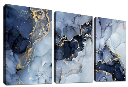 3 Panels Wooden Framed Navy Blue White Gold Marble Canvas Wall Art Painting on Canvas Print Picture for Living Room Hallway Stairs Bedroom Bathroom Wall Decor Ready To Hang 150x70cm(20x28x3pcs)