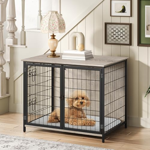 MAHANCRIS Dog Crate Furniture with Cushion, Wooden Dog Kennel with Double Doors, Heavy Duty Dog Cage for Small/Medium/Large Dogs, Indoor Dog House End Table, 31.5 L, Greige DCHG0701