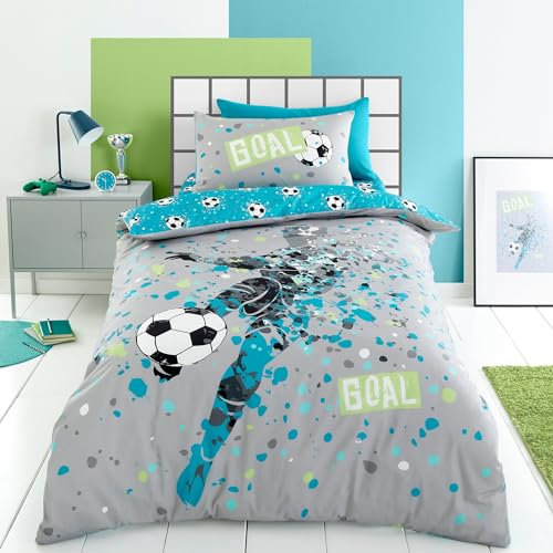 Bedlam - Funda de edredón con diseño de fútbol Azul Aguamarina, tamaño Doble (200 x 200 cm), Reversible (2 diseños), Ropa de Cama de fútbol, Funda de edredón con temática de fútbol, Accesorios de