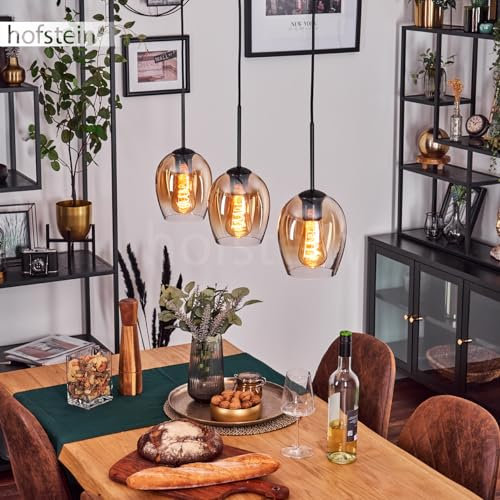 Pendelleuchte Vevino, Pendellampe aus Metall/Glas in Schwarz/Bernstein/Klar, Leuchte im modernen Retro/Vintage-Design mit Schirmen aus Glas (Ø 15 cm), Höhe max. 150 cm, 3 x E27, ohne Leuchtmittel