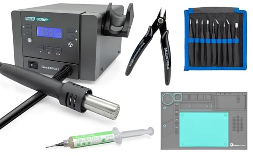 QUICK 862DW+ Heißluft Lötstation Sensor-geregelt und digital einstellbar, 3 Festspeicher - 1000 Watt/Temperatur 100-500 °C - Heißluft 50L/Min - SMD Reworkstation mit 4-teiligem Zubehör-Set