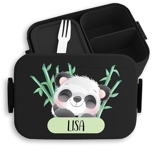 Bento Box Midi Lunchbox für Mepal Bentobox - Kinder Brotdose Panda Bär mit Name | Pandabären Motiv Kinder Brotdose Kindergarten | Pandabär Vesperdose Einschulung Geschenk - 900 ml - Schwarz
