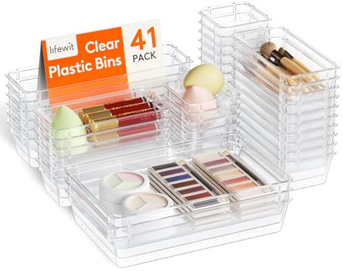 Lifewit 41 PCS Drawer Organizer Set Clear Plastic Desk Drawer Dividers Trays Dresser Storage Bins Separation Box for Makeup, Jewelries and Gadgets, Bedroom, Bathroom, Office
