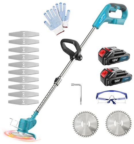 Akku Rasentrimmer mit 2 x 3.0AH Akku, Ersatz für 18V BL1850,10 Metallklinge,2X Kreissägeblätter, 90° drehbarer,Verstellbarer Teleskop-Führungsholm, für Rasenschneiden Rasenpflege