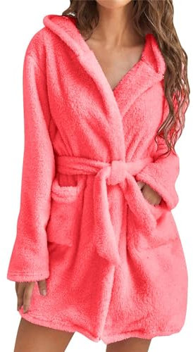 Bademantel Damen Baumwolle Damen-Schlafanzug, einfarbig, langärmelig, Kapuze, Knie, kurz, Plüsch, Pyjama, Robe, Homewear, Bademantel Bademantel Baumwolle Damen Bademantel Ohne Kapuze (Pink, M)