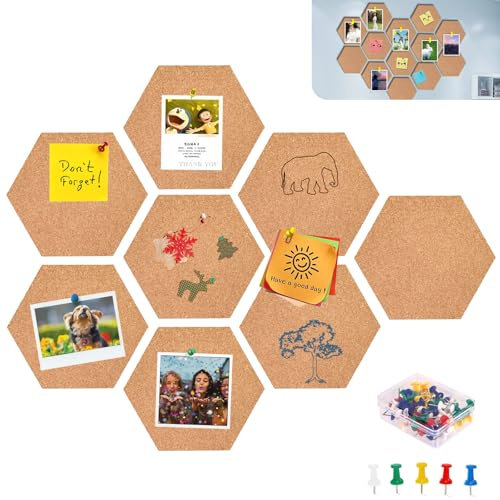 Pizsieat 8 PCS Pinnwand Kork, 20 x 17.5cm Hexagon Korkplatte DIY Selbstklebende Korkwand Pinwand mit Pushpins für Foto Hängen, Notizen, Heimdekoration und Büro Memorandum (6mm Verdicken)