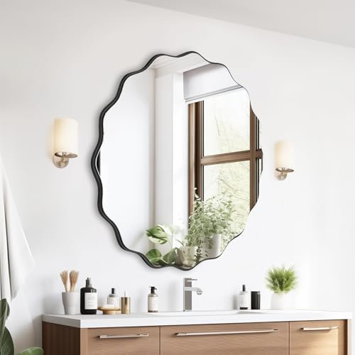 GIOVARA Wandspiegel Dekorative Wandspiegel zum Aufhängen ⌀50 cm Unregelmäßiger Wellenspiegel Moderner Industrial Spiegel Badezimmer Spiegel für Bad, Waschtisch, Wohnzimmer, Schlafzimme(Schwarz