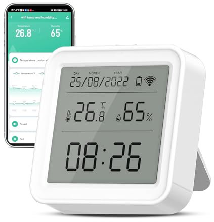 Termometro Igrometro WiFi, telecomando a infrarossi, mini LCD digitale termometro igrometro interno con allarme di notifica app, compatibile con Alexa e Google Assistant