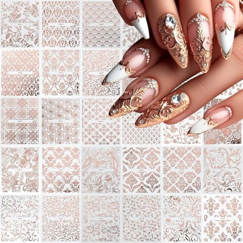 Kinretixia 30 fogli di adesivi per nail art floreale, adesivi unghie floreali a pizzo, pizzo oro rosa, liane floreali, adesivi per unghie autoadesivi, geometrico irregolare