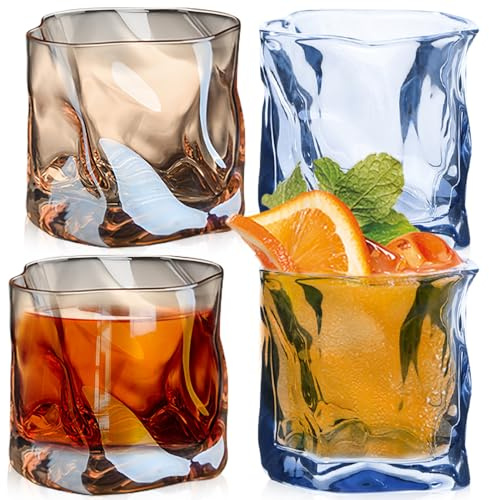 Juego de 4 vasos de whisky de 200 ml, irregulares, plegables, de cristal, doble antiguo, irregulares, para papá, marido, amigos (ámbar+azul hielo)