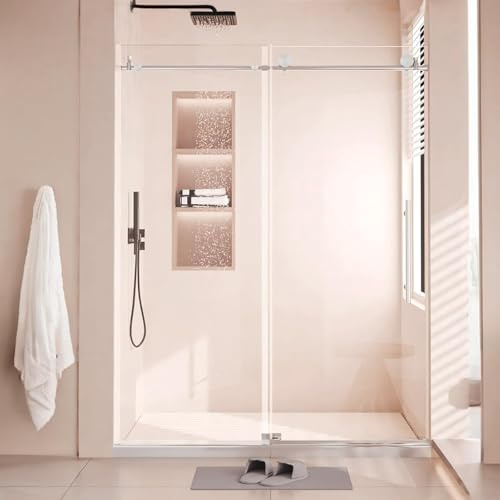 60 W x76 H Sliding Shower Door with 5/16 (8mm) Explosion-Proof Film Clear Glass, Frameless Tempered Glass Shower Door with Stainless Steel Handle & Waterproof Seal Strip Parts, Round Tube Nickel