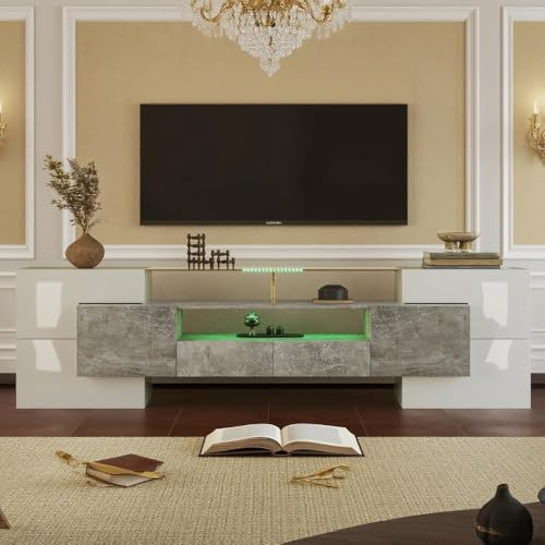 LANTRO JS TV Schrank 200cm Lang, TV Lowboard in Marmoroptik mit Elegante Glasoberfläche, Fernsehschrank mit LED Beleuchtung, Weiß und Grau
