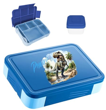 minimutz Contenitore per il pranzo per ragazzi personalizzato, con dinosauro Trex per bambini con molti scomparti, contenitore per il pranzo con nome senza BPA, a prova di perdite, set con stampa