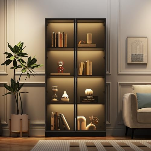 Soweiz Glasvitrine mit APP LED-Beleuchtung, doppeltürige Vitrine mit beweglichen Einlegeböden, Hochschrank für Wohnzimmer, Standvitrine, Badezimmerschrank, 80x40x160cm (1)