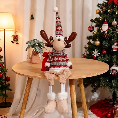 Dedrian11 Rentier Regalsitzer Deko 60 cm – lange baumelnde Beine, formbar (Draht in Mütze & Armen), Strickpullover, beschwerter Boden, Weihnachtsdeko für Regal Kamin Sims Fensterbank