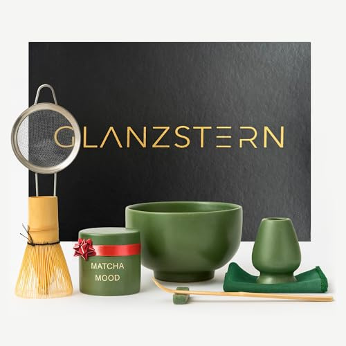 GLANZSTERN Matcha Set – 8-teiliges Premium Matcha Tee Set mit Schale, Bambusbesen, Chashaku, Sieb, Besenhalter, Dose, Anleitung & Geschenkbox – Japanische Teezeremonie