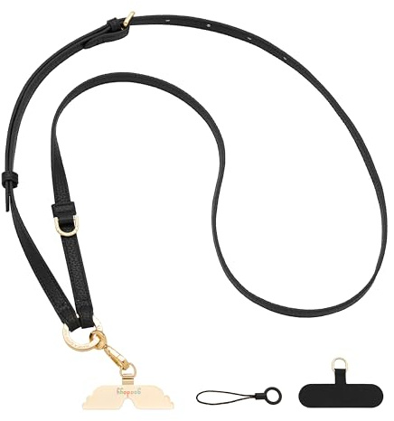GOODAYY Phone Lanyard Crossbody, Genuine Leather Mobile Phone Strap Adjustable Length with Metal and Nylon Patch, Handbag Chain Style Universal Phone Accessories (100-130cm) (Gold, Black)