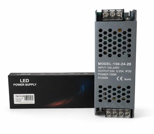 Grumatel Transformador LED de 100-240V 24V - 150W alta capacidad, ideal para fuente de alimentación en iluminación LED, de Interior IP20 (150, Vatios)