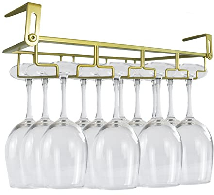 NAISQAQ Adjustable Under Cabinet Stemware Holder - Metal Wine Glass Hanger Organizer for Kitchen, Bar, Shelf - Rustproof Hanging Storage Rack for 6-8 Glasses - Space Saving Decor (Gold, 4 Rows)