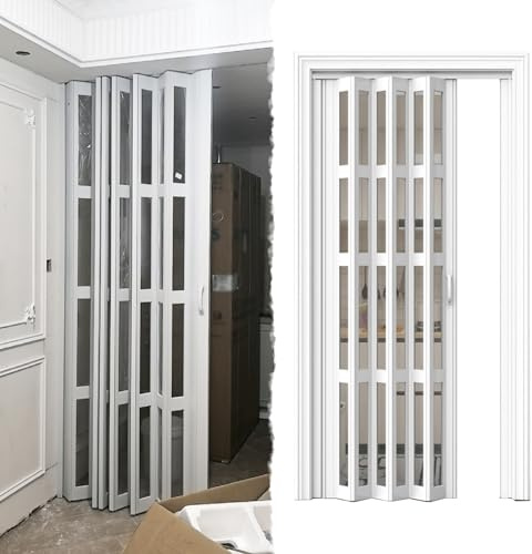 Puertas de acordeón plegables transparentes personalizables para baño y cocina, puerta corredera de PVC con ventana, ahorro de espacio, puerta interior de privacidad (blanco, 56 x 80 pulgadas)