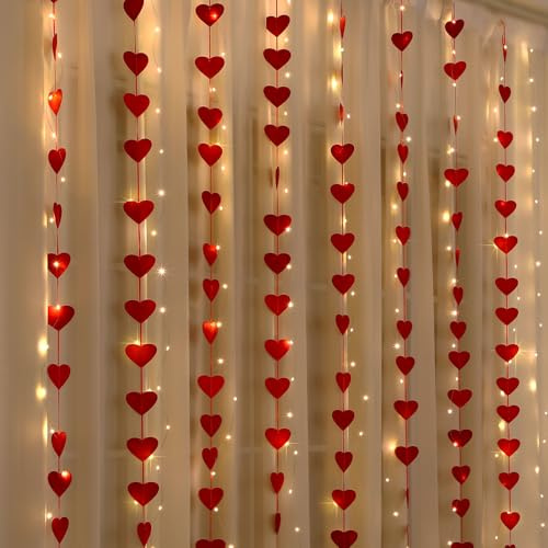 Hahafelt 8 Pack Valentines Day Decorations with Heart String Lights and 160 Pcs Red Hearts Felt Garland Valentines Sweetheart Garland Romantic Window Decor for Wedding Anniversary Party Decoration
