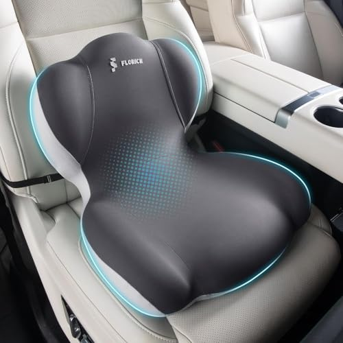 FLORICH Sitzkissen Orthopädisch und Lendenstützkissen Memory-Schaum Ergonomisches Sitzkissen einteilig Steißbein Entlastung mit erstellbaren Gurten für LKW, Autositz, Bürostuhl (Grau)