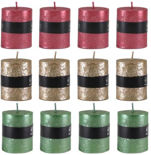 12er Set Rustikale Metallic Mini Stumpen Kerze 4 x 5cm in Rot, Grün & Gold | Teelicht Alternative, glänzender Antik Look, lange Brenndauer, Rustik Oberfläche, Miniformat, Unparfümiert, Stiumpenkerzen