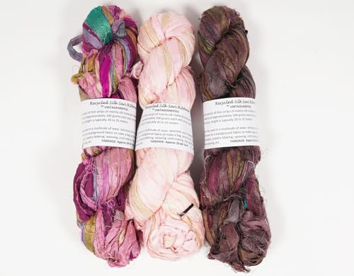 Vintageandyou Hilo de cinta de seda sari reciclado - 300 g (paquete de 3) | Tiras de seda recicladas cortadas a mano para crochet, tejido de punto, confección de alfombras y artesanía textil | Rosa