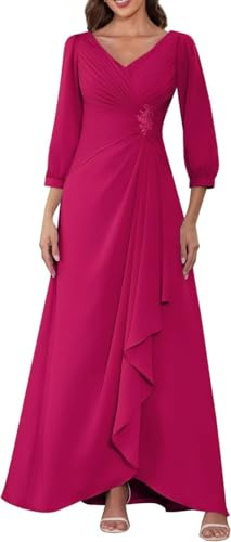 Vestido de gasa para mujer, vestido formal para madre de la novia, plisado, manga 3/4, vestido formal para invitada de boda, fucsia, 44