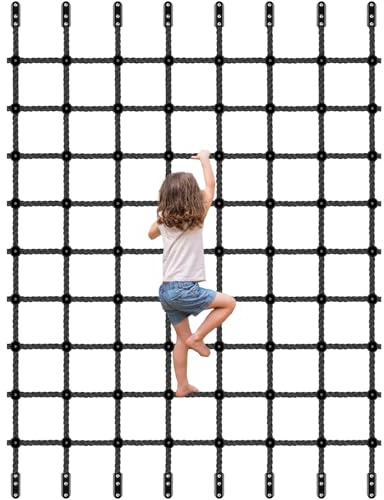 BeneLabel Kletternetz Kinder, 380 x 178cm Klettergerüst Netz Kinderzimmer Netz Nylonseil Leiter Spielturm Sicherheitsnetz mit Hardware für Kletterwand/Schaukelsetz/Baumhaus/Hindernisparcours, Schwarz
