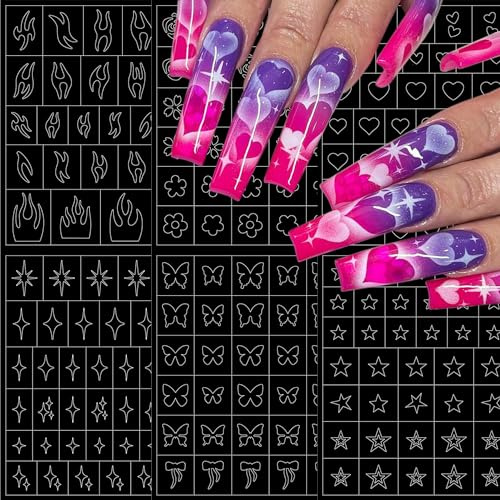6 Sheets Heart Flower Nail Guides 3D Flame Heart Butterfly Star Nail Art Stickers Airbrush Nail Stencils Stickers Supplies Hollow Guides Nail Decals for Women Acrylic Nails Decoration Stencil Tools