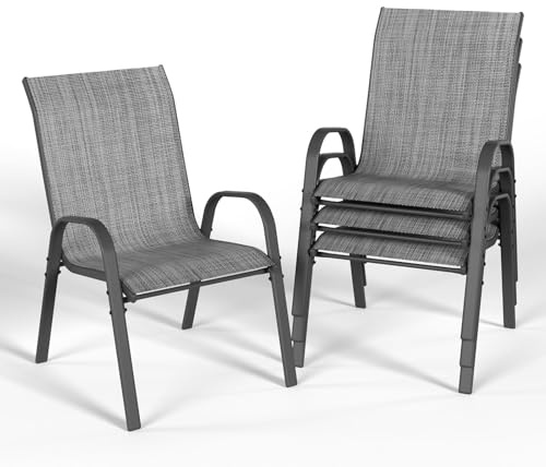 UDPATIO 4er Set Gartenstühle Stapelbare, Stapelstühle aus Textilene，55cm Breiter Hochlehner Gartenstuhl, Atmungsaktive Terrassenstühle für Balkon, Terrasse, Garten, Grau