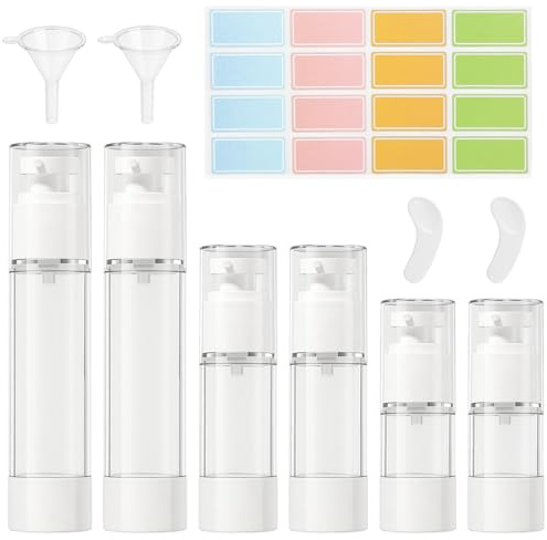 Fahibin 6Pcs Bote Airless Dispensador de Bomba,Contenedor de Bomba de Cosmético, 15 ml/30 ml/50 ml, con Espátula, Embudo, Pegatinas para Loción Base Champú