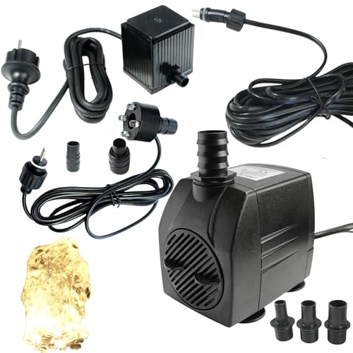 Arnusa Springbrunnenpumpe mit 1x LED Quellsteinbeleuchtung warmweiß Spot Teichpumpe Wasserpumpe Bachlaufpumpe 12V IP44 Steckernetzteil (1500 l/h)