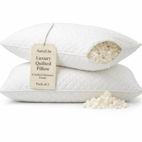AuraLin Crushed Memory Foam Pillows 2 Pack | Adjustable Support & Breathable Comfort for Side Sleepers | Orthopedic Neck & Shoulder Pain Relief | Premium Quilted Cloud Bedding