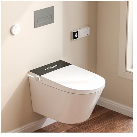 SmartSylva Wall Hung Smart Toilet: Elongated Design with Built-in Bidet, Heated Seat, Warm Water Wash, Air Dryer, Auto Flush, Foot Sensor Flush, and Auto Open/Close Lid