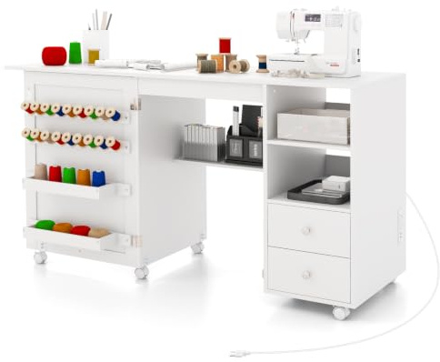 COSTWAY Mesa de Costura Plegable con Estación de Carga y Ruedas, para Hogar
